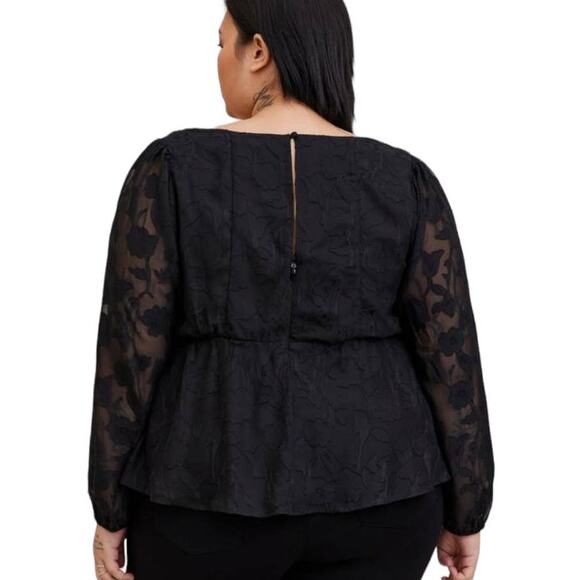 Torrid NWT Peplum Chiffon Clip Floral Puff Sleeve Top Black Size 1X Sweetheart - Picture 2 of 8